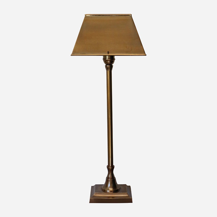 BRASS ANTIQUED RECTANGULAR BASE TABLE LAMP WITH SHADE
