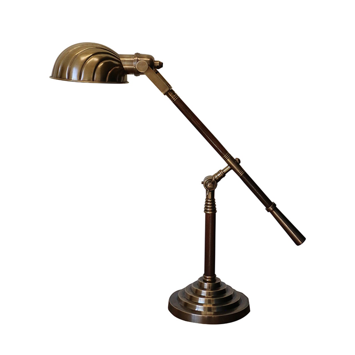BRASS ANTIQUED FINISH & WOOD ADJUSTABLE CLAM DESK LAMP