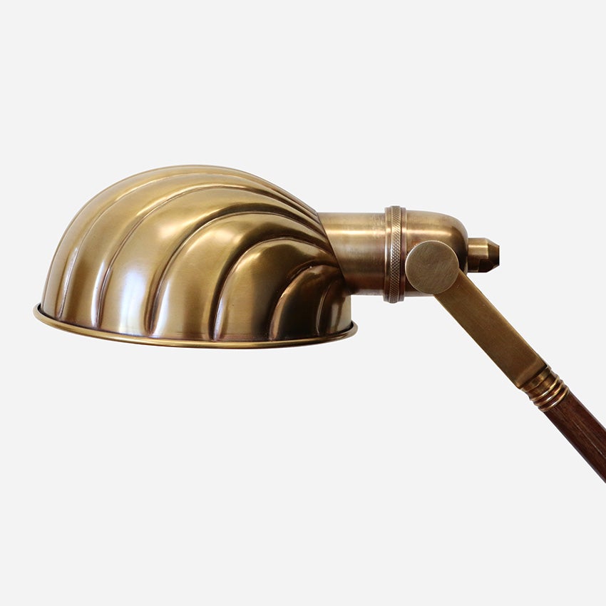 BRASS ANTIQUED FINISH & WOOD ADJUSTABLE CLAM DESK LAMP