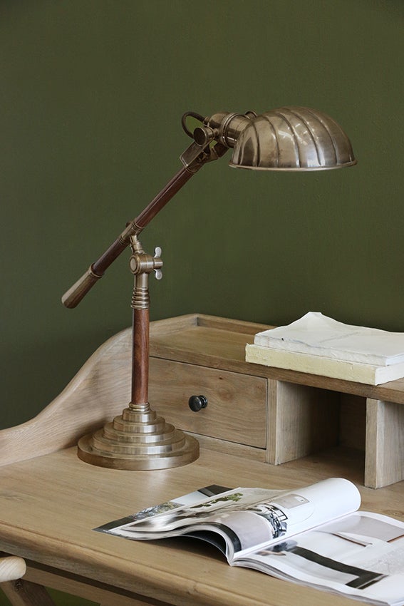 BRASS ANTIQUED FINISH & WOOD ADJUSTABLE CLAM DESK LAMP