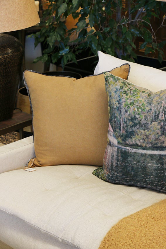 Mustard Linen with Natural Linen Back & Striated Trim Cushion Cover 50 x 50