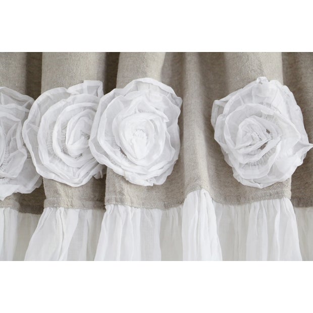 COTTON CURTAIN WITH ROSES AND LINEN HEADER