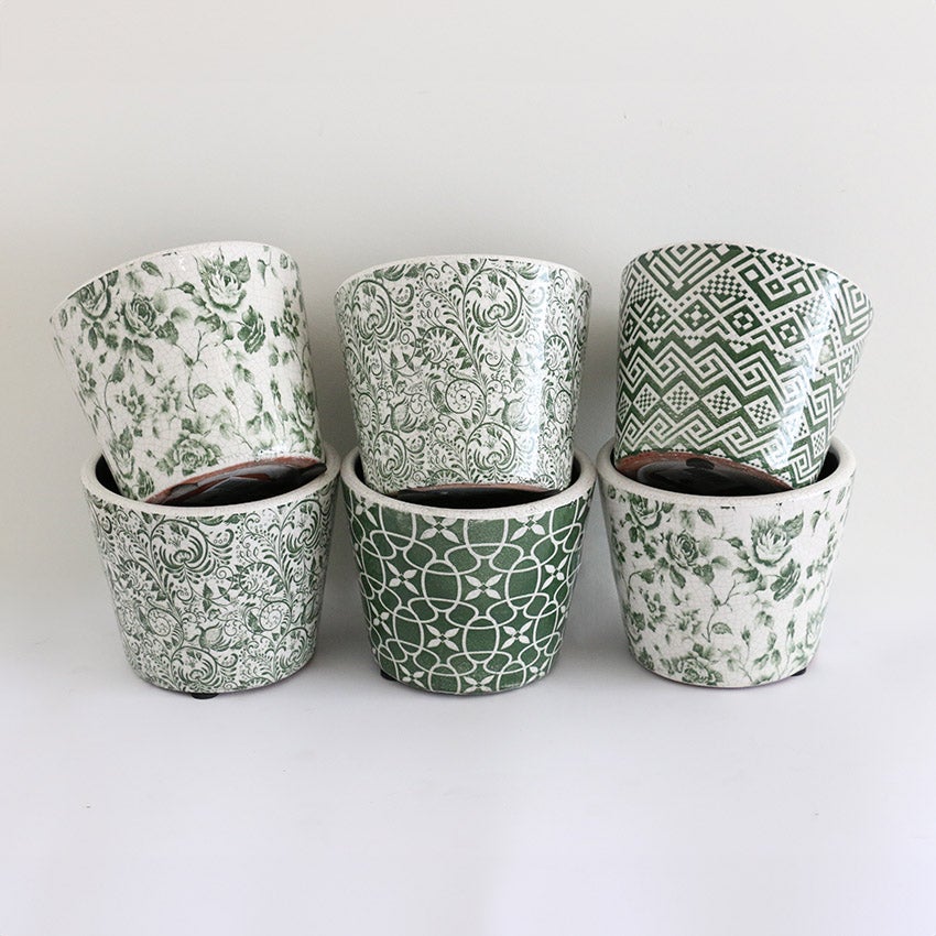 Green & White Patterned Planter