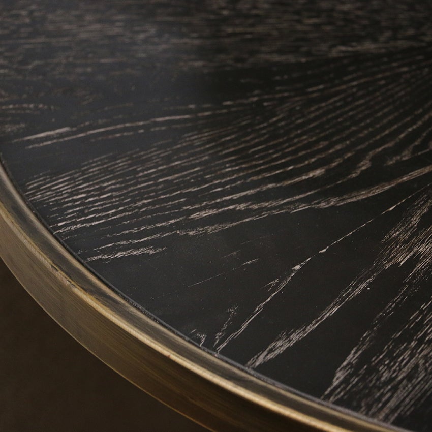 Luxor Black Oak Parquet Table with Pedestal Metal Base in Antique Brass