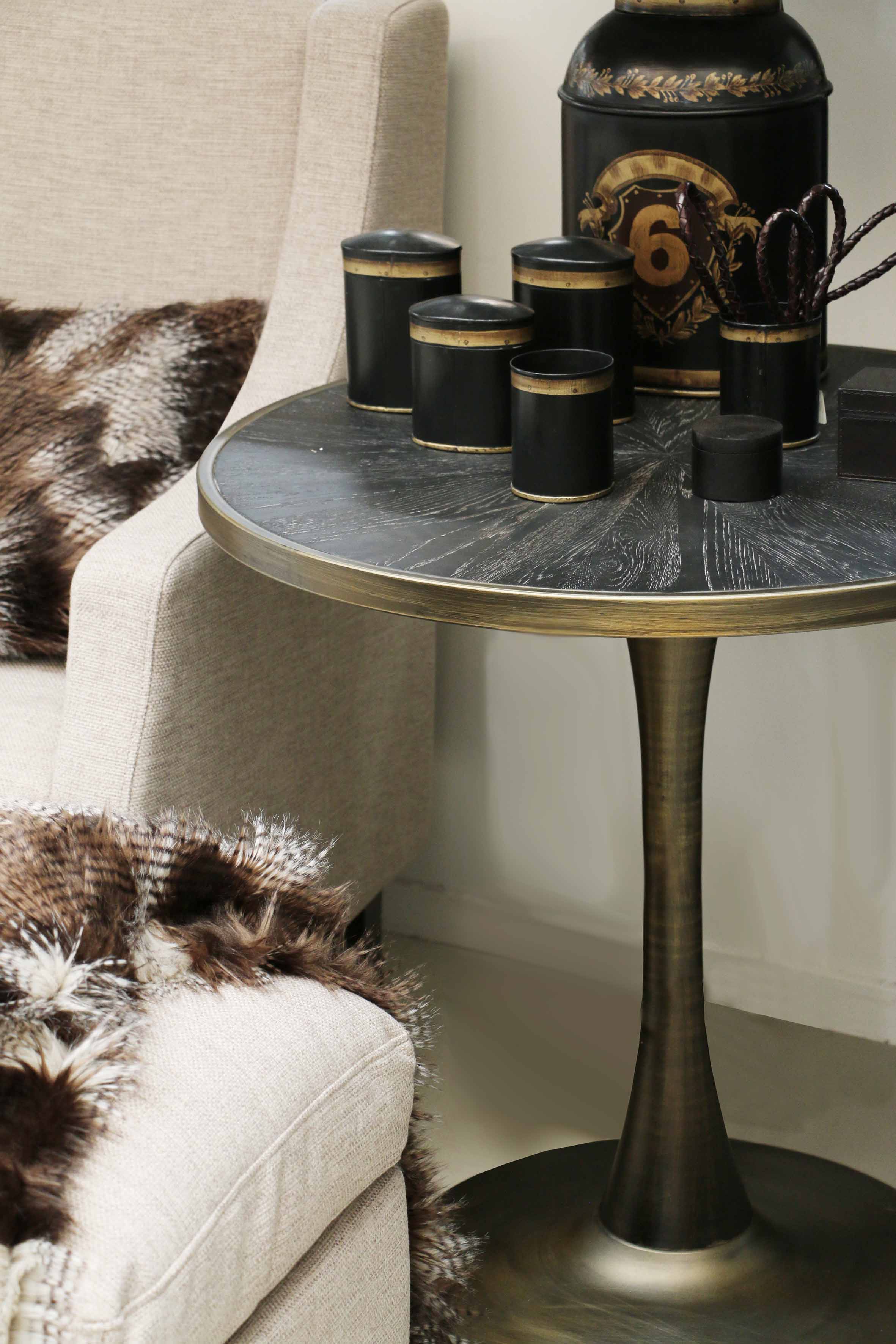 Luxor Black Oak Parquet Table with Pedestal Metal Base in Antique Brass