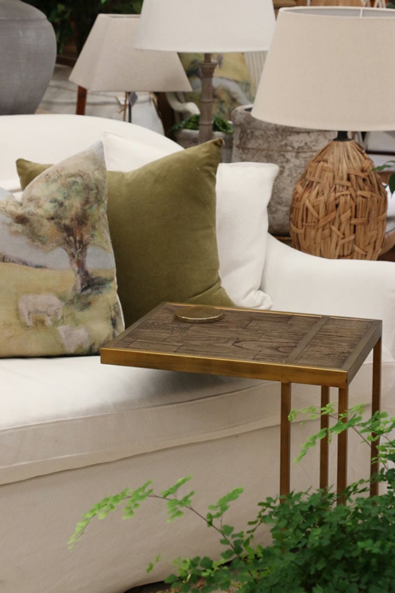 Cairo Sofa Table - Parquet Elm Top & Metal Base in Dark Antique Brass Finish