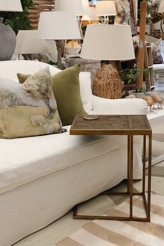 Cairo Sofa Table - Parquet Elm Top & Metal Base in Dark Antique Brass Finish