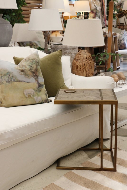 Cairo Sofa Table - Parquet Elm Top & Metal Base in Dark Antique Brass Finish