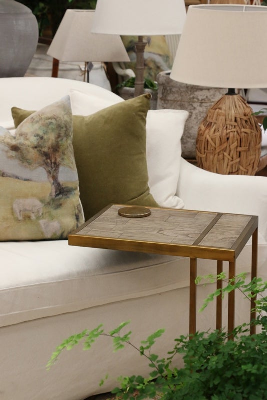 Cairo Sofa Table - Parquet Elm Top & Metal Base in Dark Antique Brass Finish