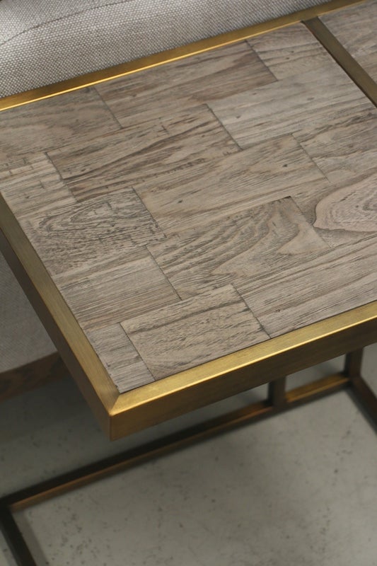 Cairo Sofa Table - Parquet Elm Top & Metal Base in Dark Antique Brass Finish