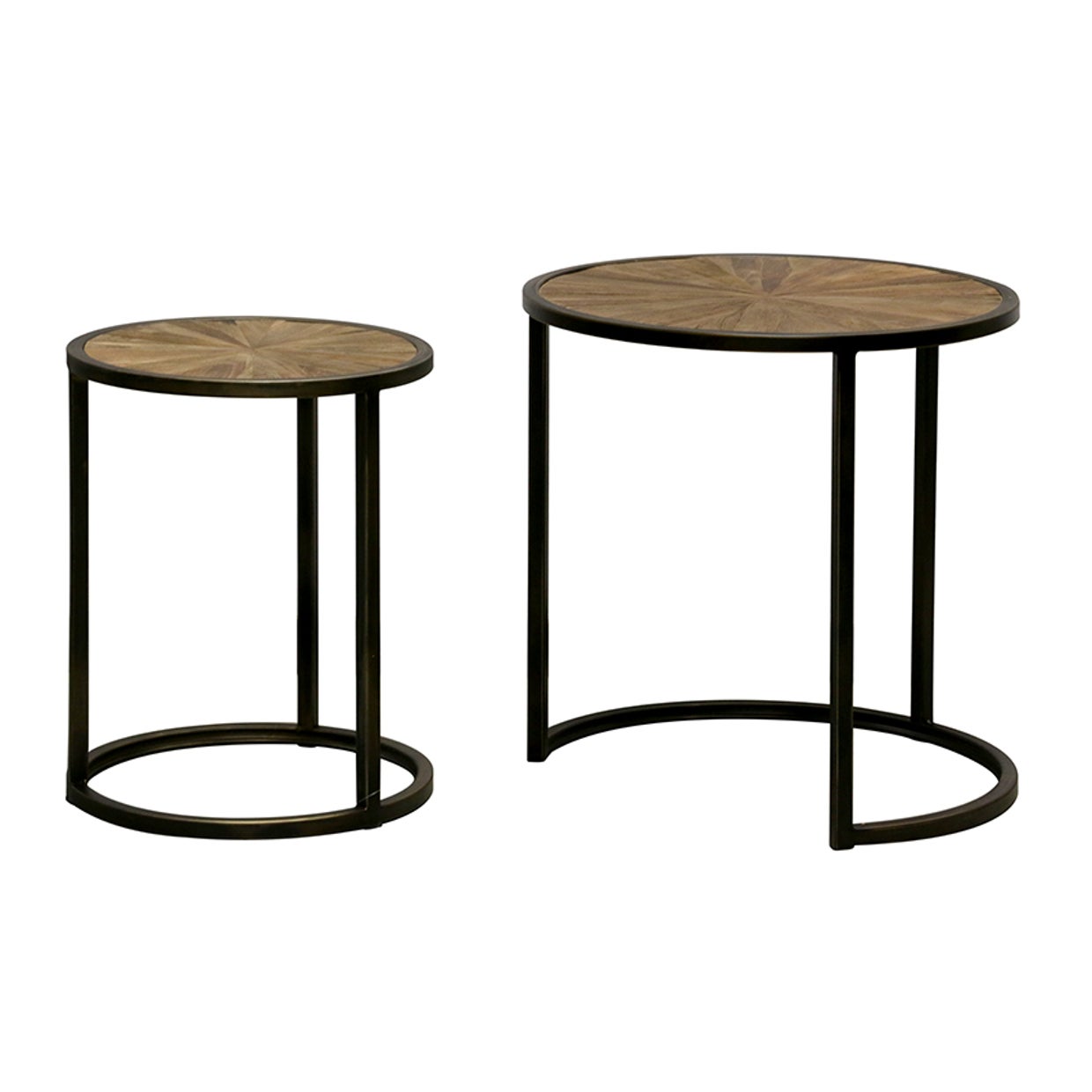Cairo Set of 2 Occasional Tables with old Round Pine Parquet Tops & Steel Antiqued Bronze Legs