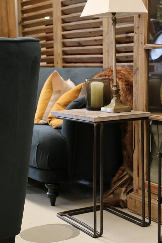 Coastal L Shape Sofa Table with Reclaimed Pine Parquet Top