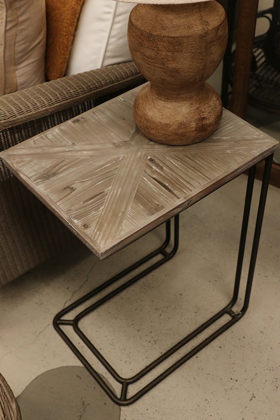 Coastal L Shape Sofa Table with Reclaimed Pine Parquet Top White Wash