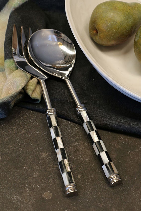 Checker Black & White Bone and Stainless Steel Salad Server Set (2pc per set)