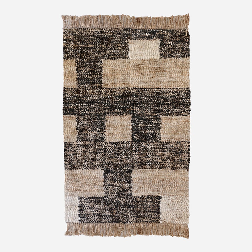 Black & Natural Geometric Block 80% Jute Kilim Rug 1800L x 1200W