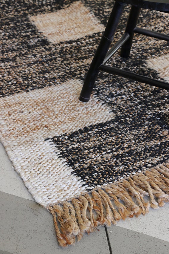 Black & Natural Geometric Block 80% Jute Kilim Rug 2400L x 1500W