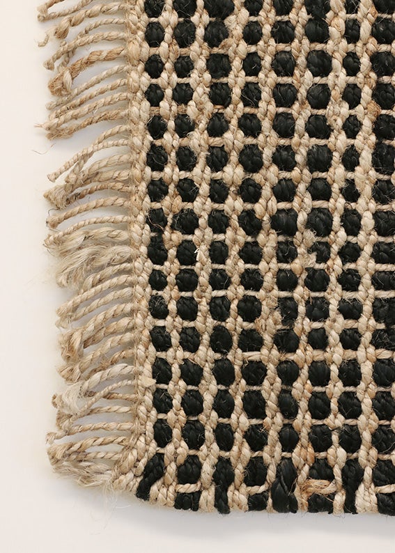Waffle Weave Black & Natural Door Mat  with Fringe 100% Jute 900L x 600W