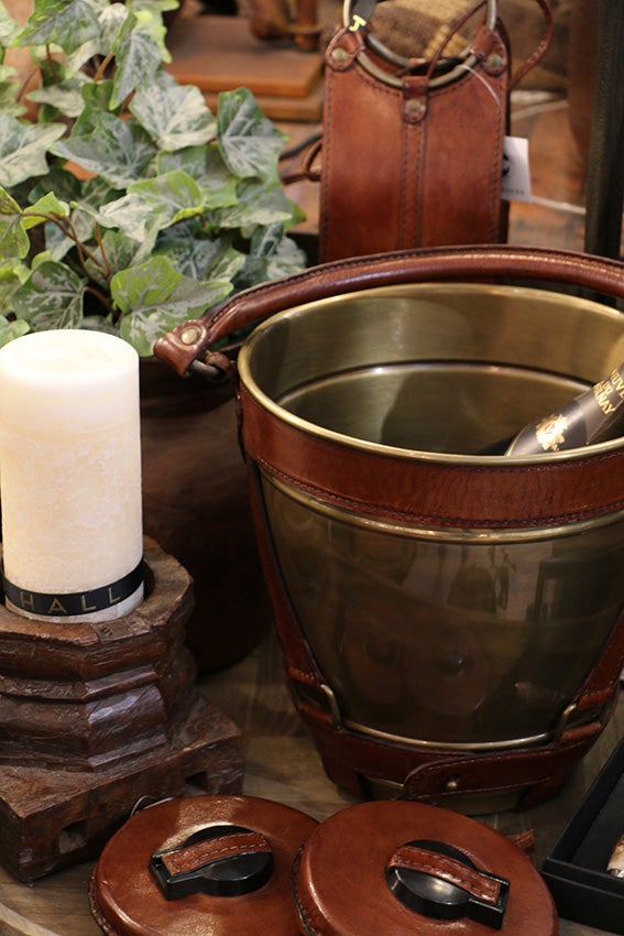 RIVIERA BRASS WINE COOLER WITH LEATHER HANDLE