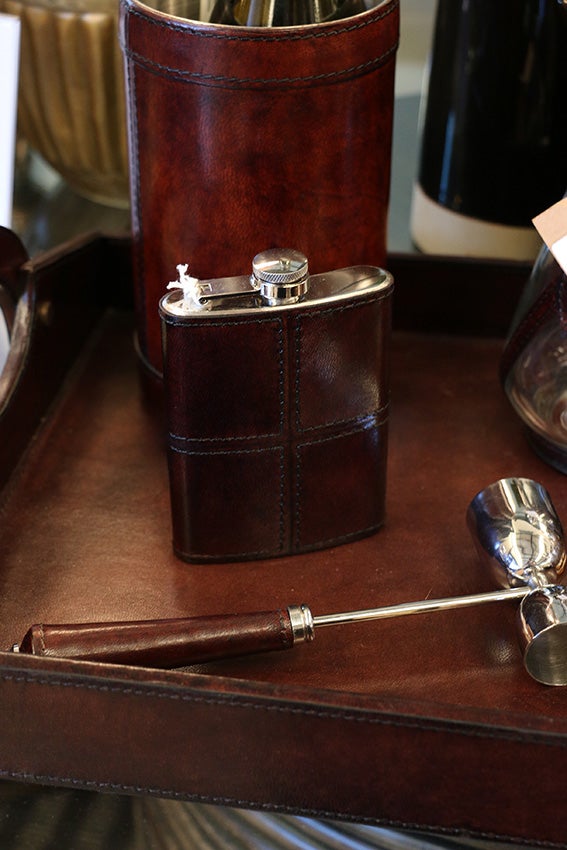 Leather Hip Flask in Dark Brown with Nickle Details