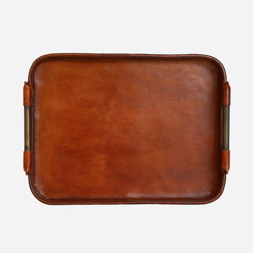 LEATHER TRAY WITH BRASS HANDLES