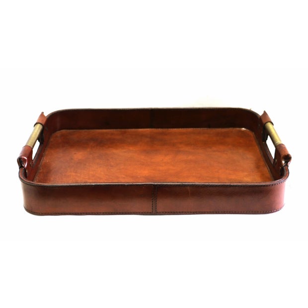 LEATHER TRAY WITH BRASS HANDLES
