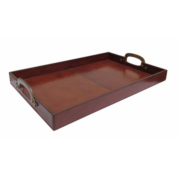 LEATHER TRAY WITH CURVED BRASS HANDLES - LARGE