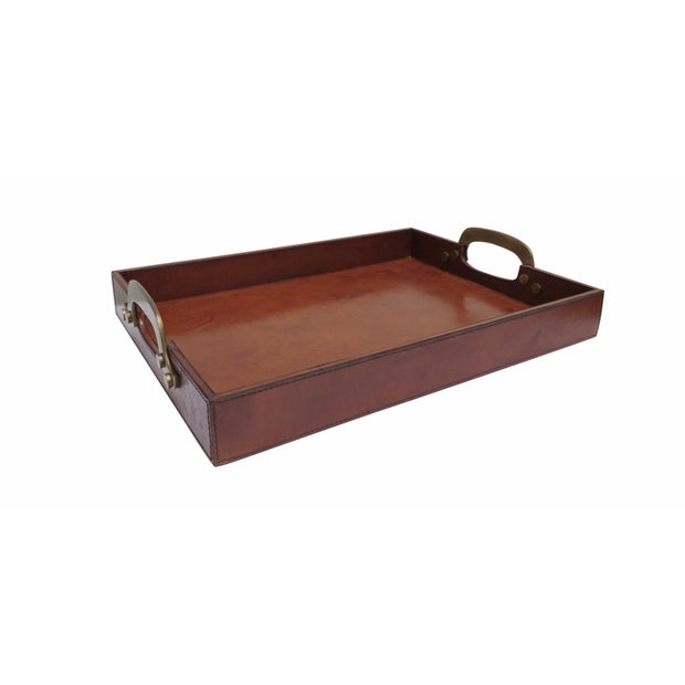 LEATHER TRAY WITH CURVED BRASS HANDLES - SMALL
