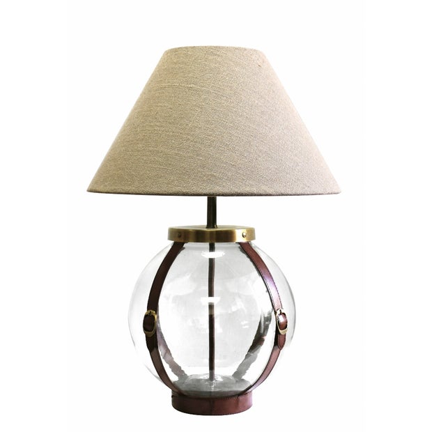 ETON GLASS BALL LAMP BASE WITH TAN LEATHER STRAPS AND BRASS BUCKLES