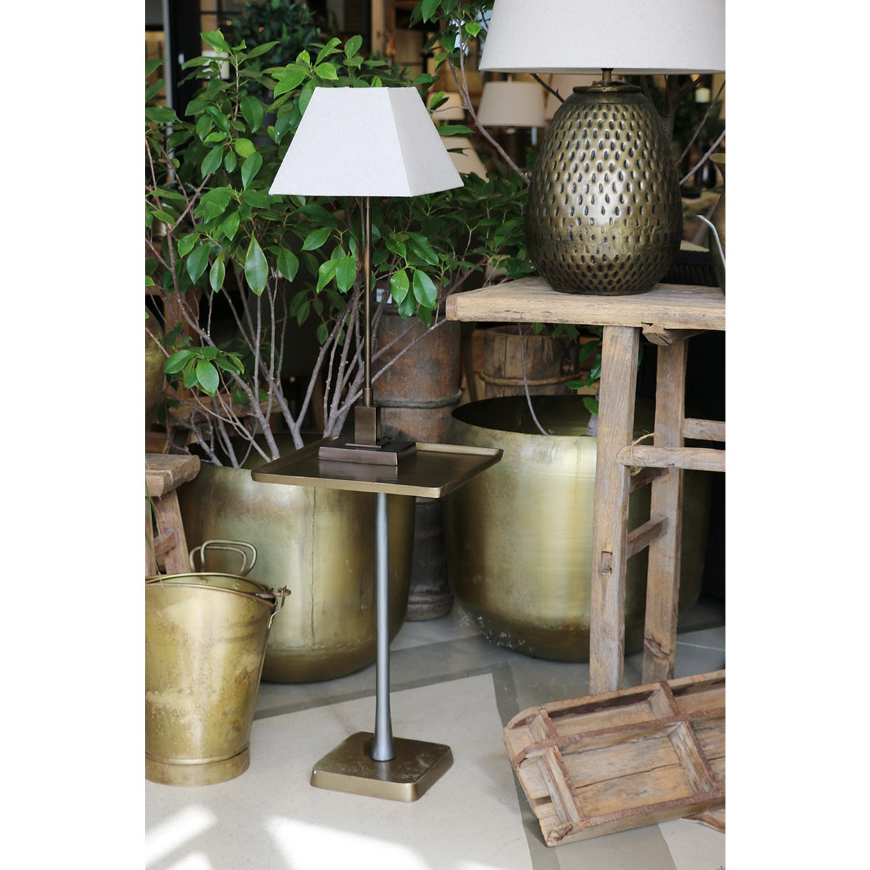 Marrakesh Square Occasional Pedestal Table in Brass Antique Finish