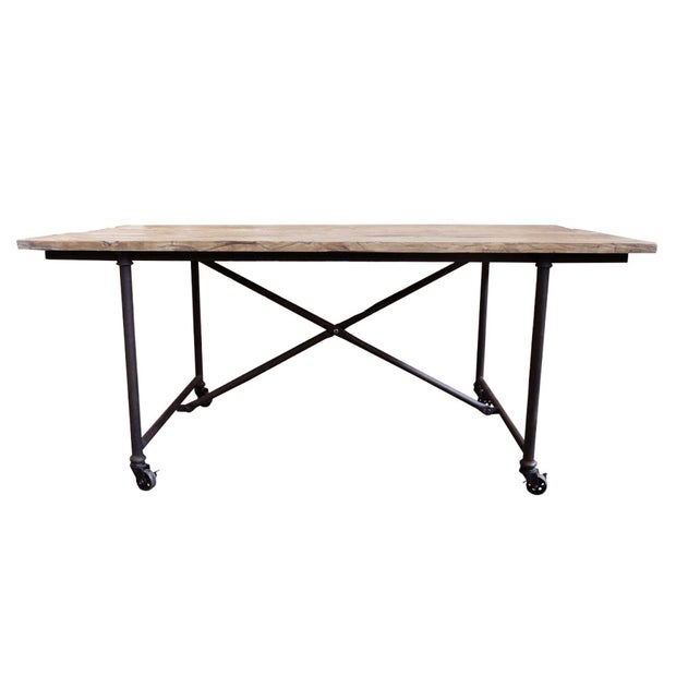 HAVANA NATURAL DINING TABLE IN RECYCLED OAK WITH METAL LEGS ON CASTORS