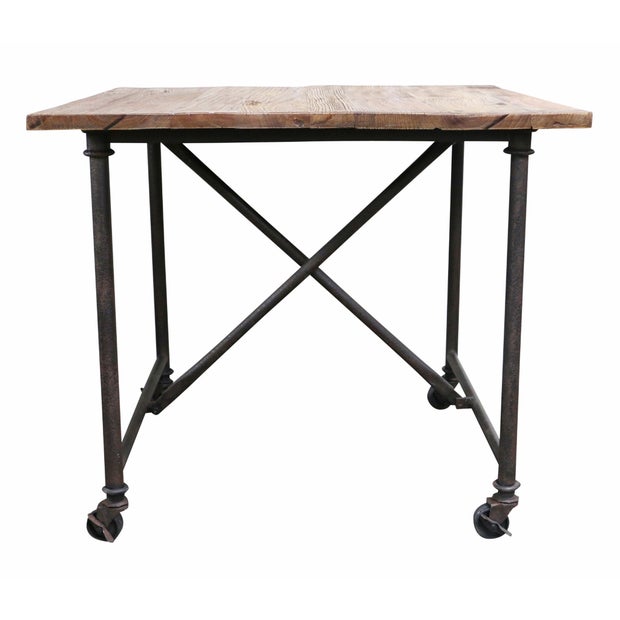 HAVANA NATURAL SQUARE DINING TABLE IN RECYCLED OAK WITH METAL LEGS ON CASTORS