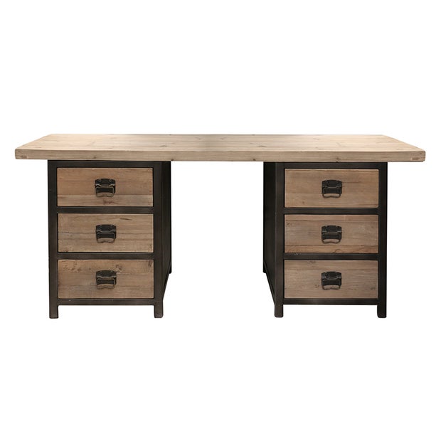 DEVON DESK WITH 6 DRAWERS IN NATURAL RECYCLED PINE WITH STEEL