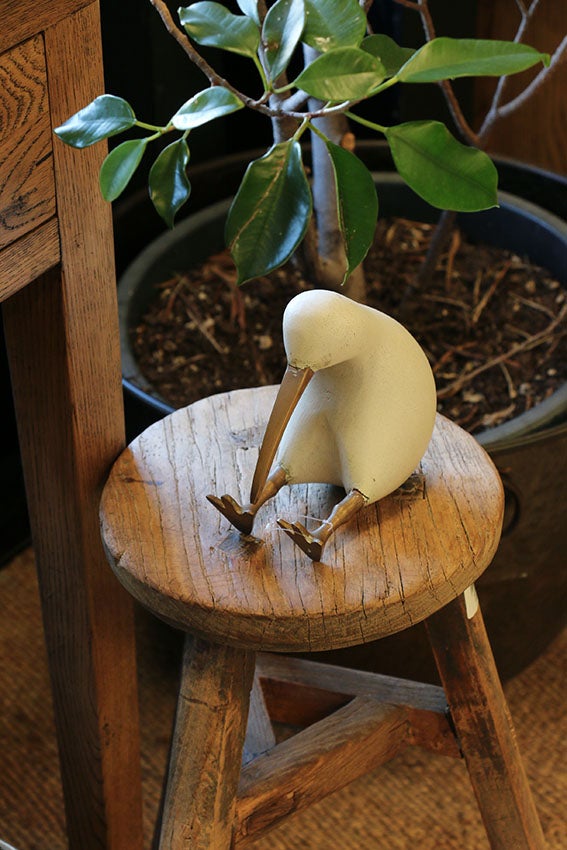 Wooden Whitewashed Kiwi with Brass Leg and Beak