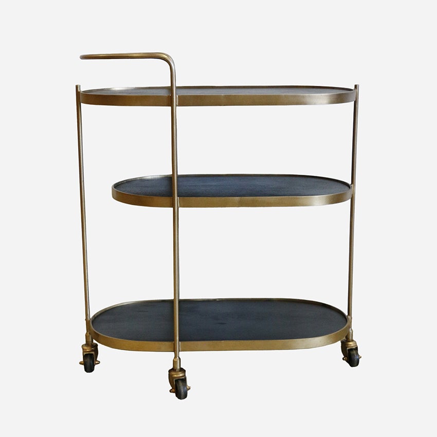 New York Brass Finish Barcart with Charcoal Shelves