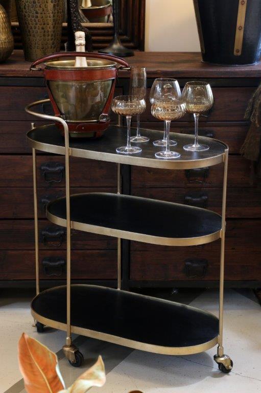 New York Brass Finish Barcart with Charcoal Shelves