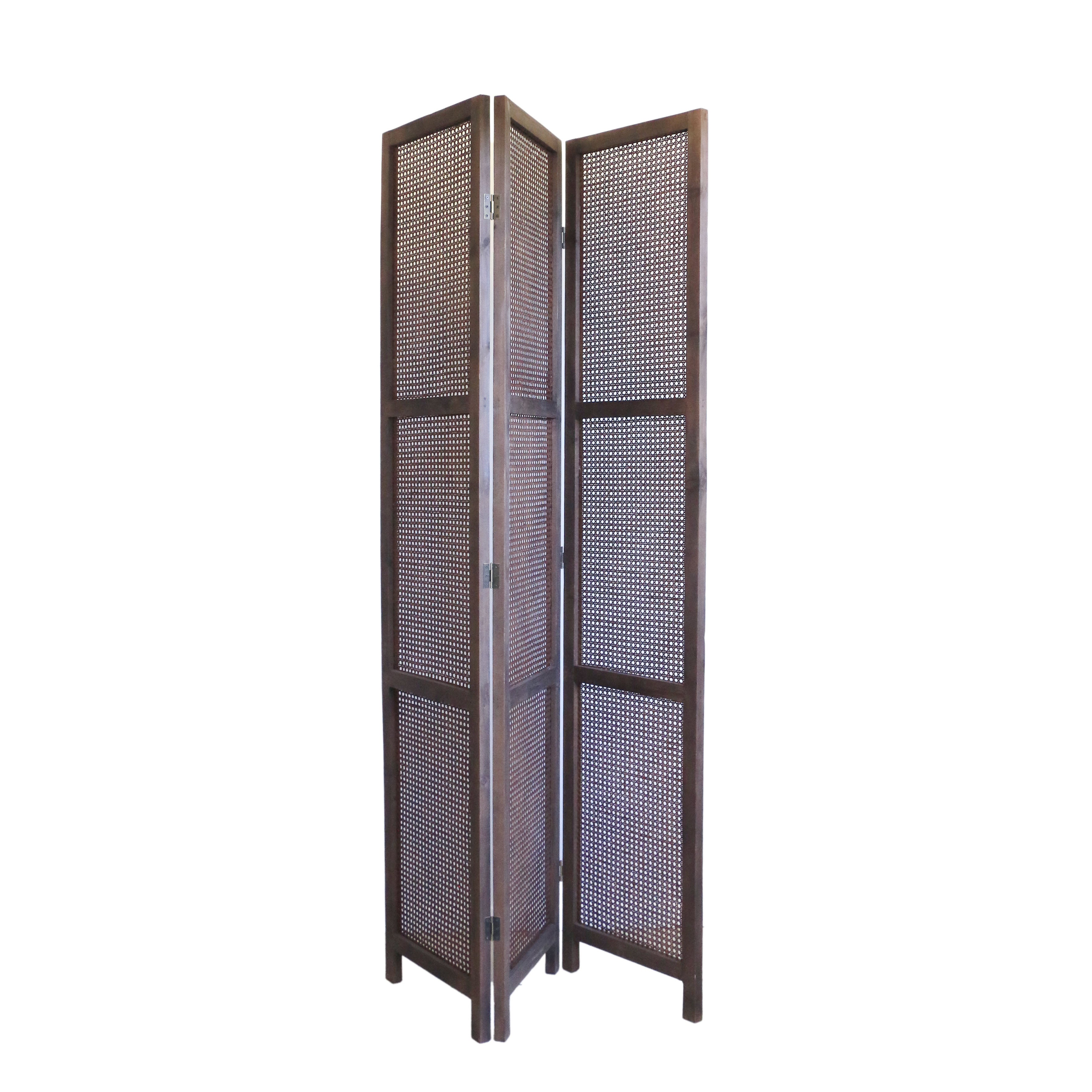 Folding Wooden Screen with Rattan Panels