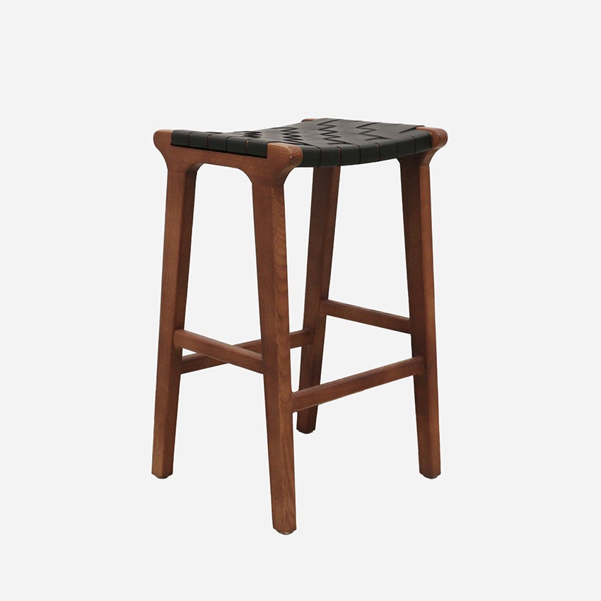 Memphis Stool with Woven Leather Seat in Elm